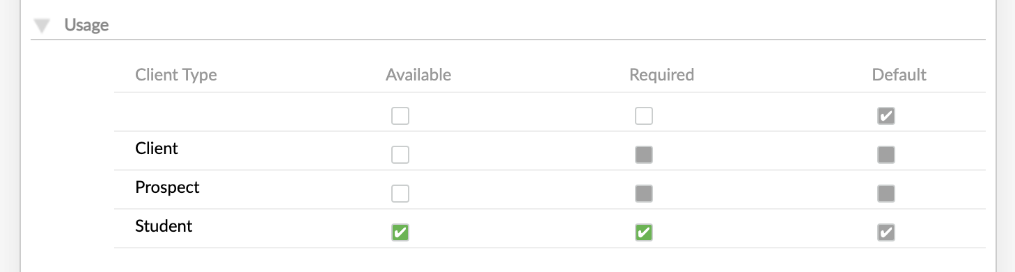 Custom field definition has available, default, and required setting selected